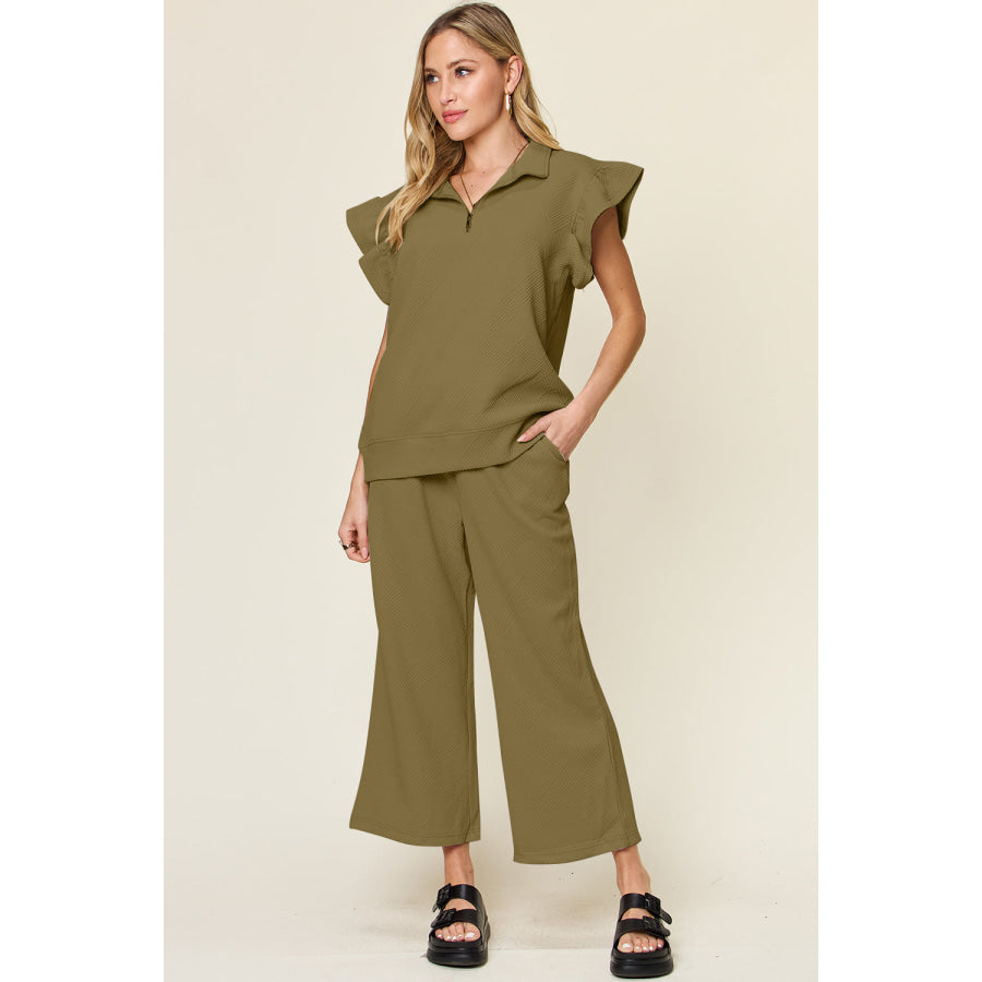 Double Take Texture Ruffle Short Sleeve Top and Drawstring Wide Leg Pants Set Olive / 2XL Apparel and Accessories