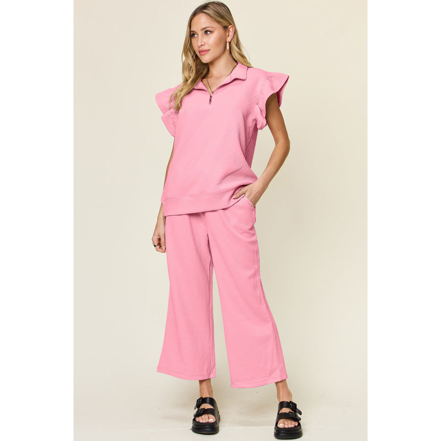 Double Take Texture Ruffle Short Sleeve Top and Drawstring Wide Leg Pants Set Pink / 2XL Apparel and Accessories