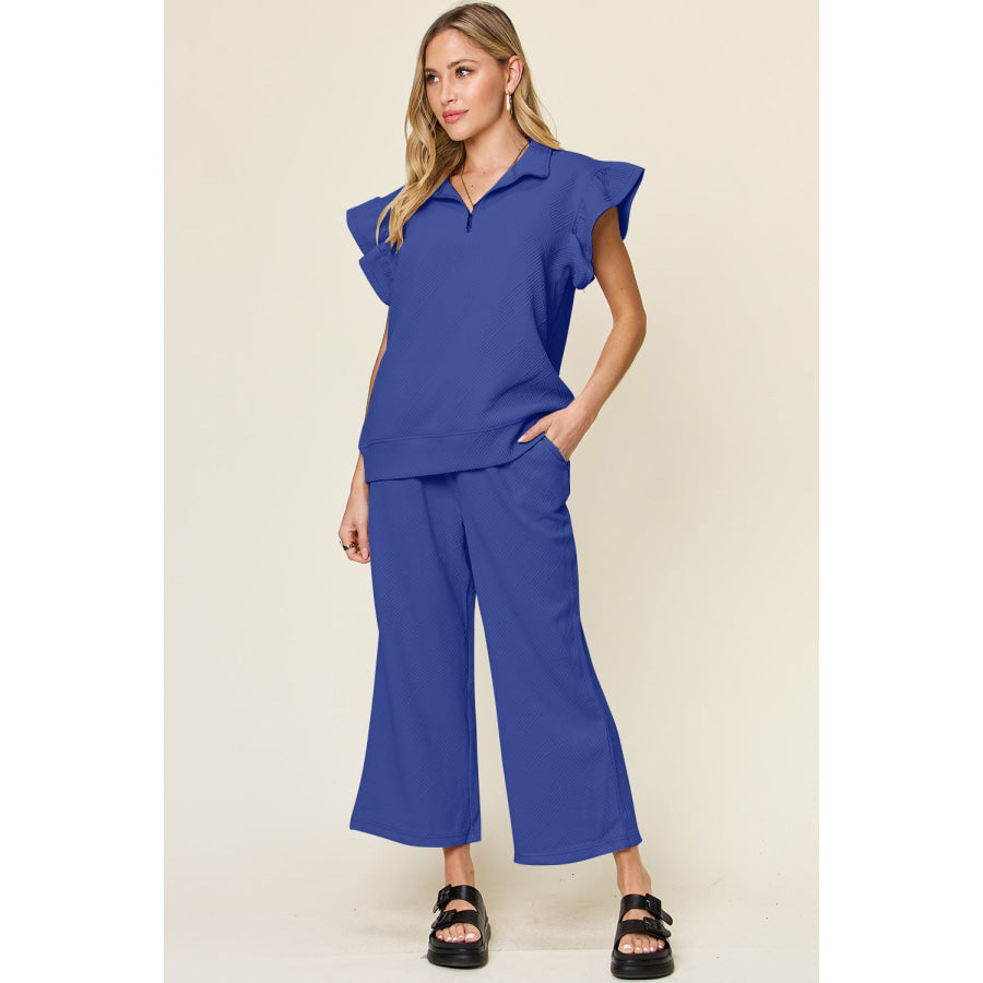 Double Take Texture Ruffle Short Sleeve Top and Drawstring Wide Leg Pants Set Royal Blue / S Apparel and Accessories