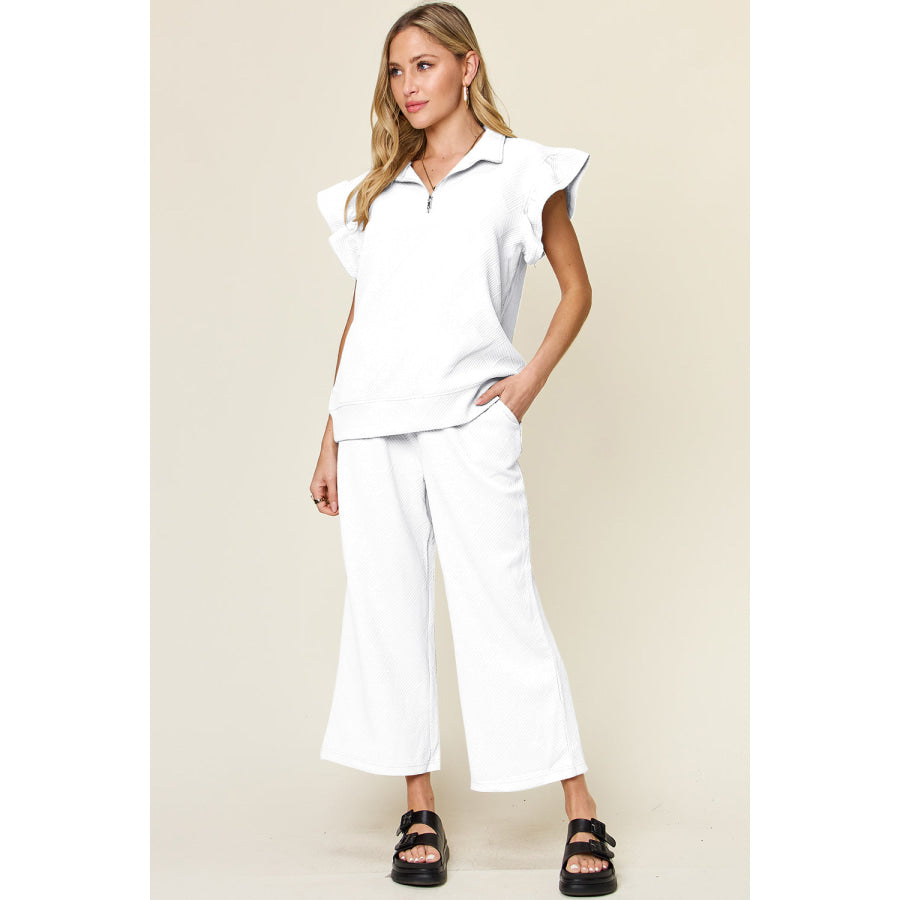 Double Take Texture Ruffle Short Sleeve Top and Drawstring Wide Leg Pants Set White / 2XL Apparel and Accessories