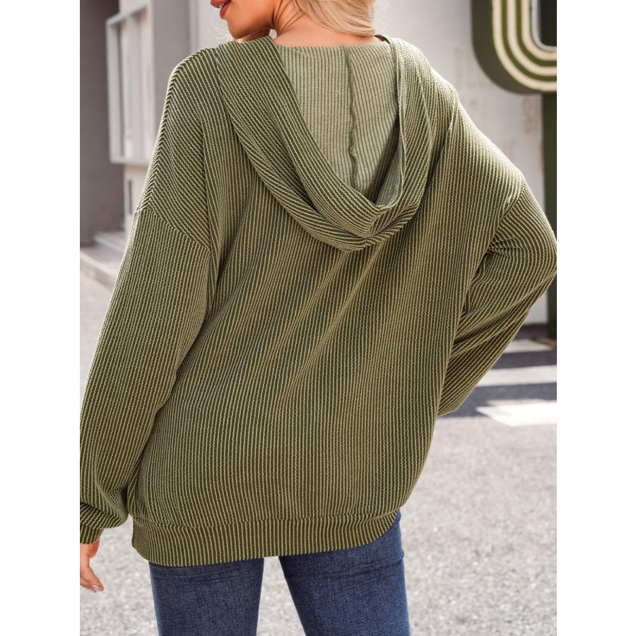 Double Take Textured Kangaroo Pocket Long Sleeve Hoodie Apparel and Accessories