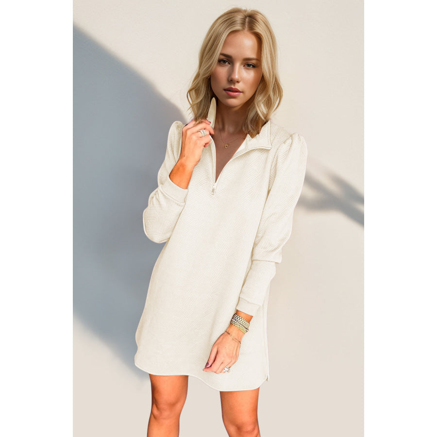 Double Take Textured Quarter Zip Long Sleeve Dress Cream / S Apparel and Accessories