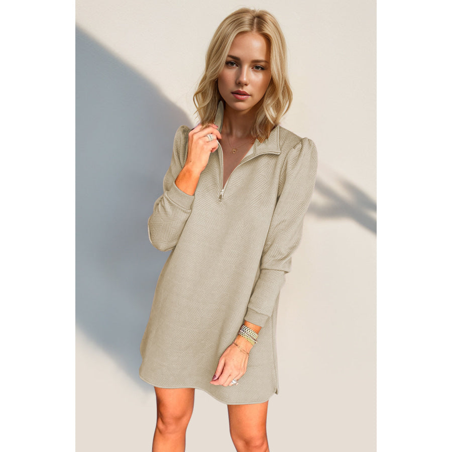 Double Take Textured Quarter Zip Long Sleeve Dress Khaki / S Apparel and Accessories