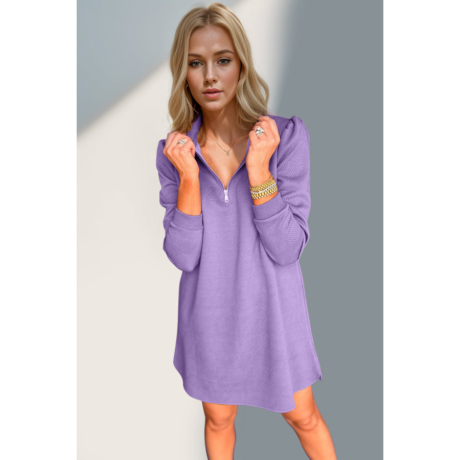 Double Take Textured Quarter Zip Long Sleeve Dress Lavender / S Apparel and Accessories