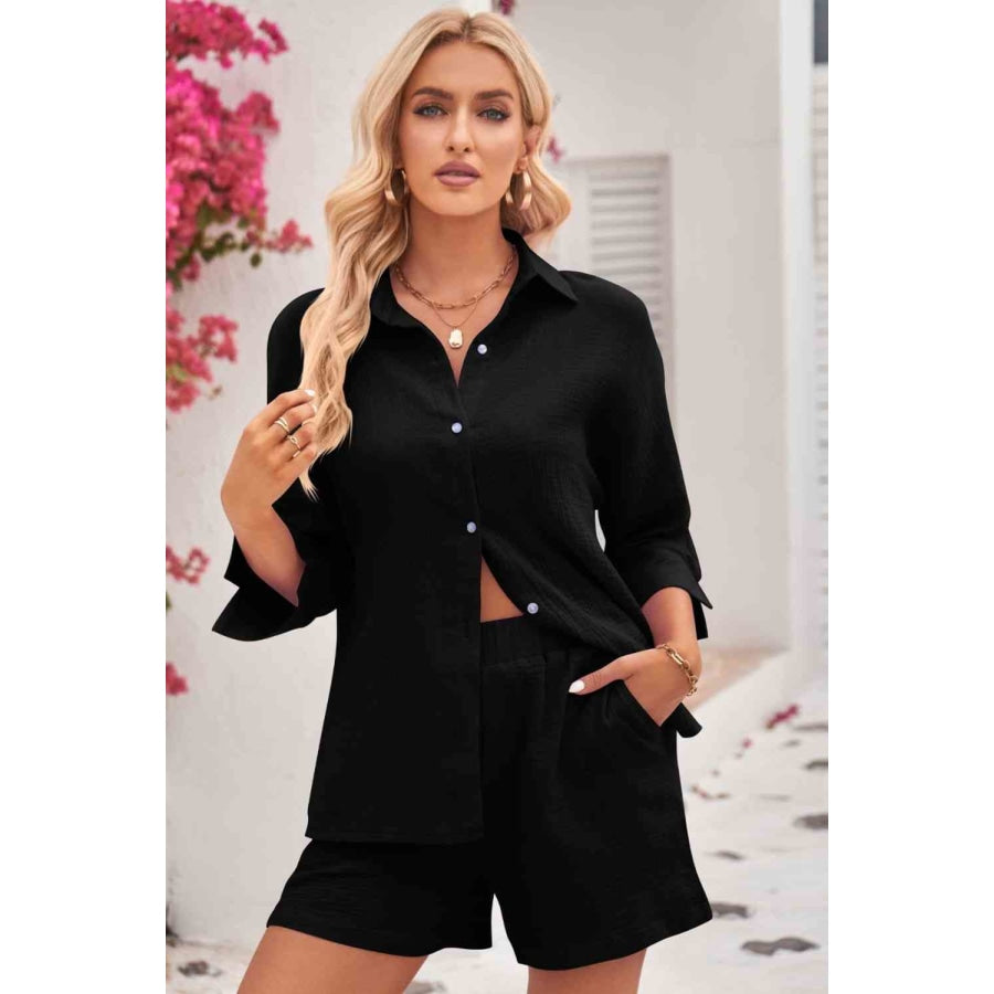 Double Take Textured Shirt and Elastic Waist Shorts Set Apparel and Accessories
