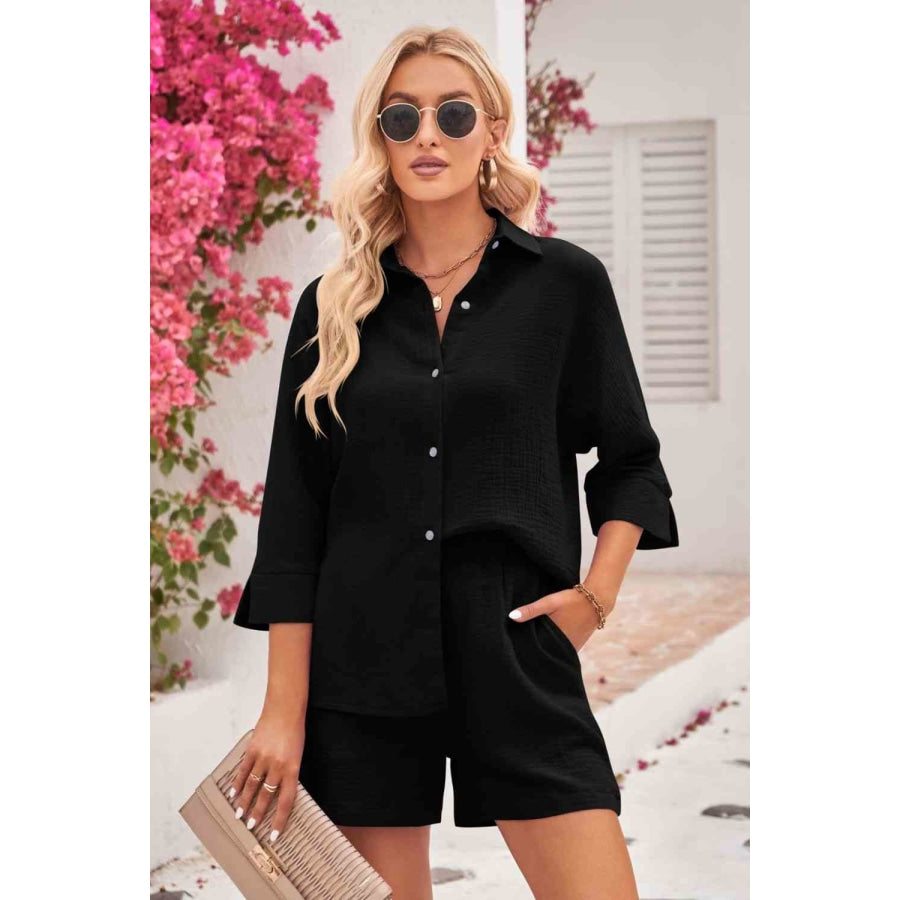 Double Take Textured Shirt and Elastic Waist Shorts Set Black / S Apparel and Accessories