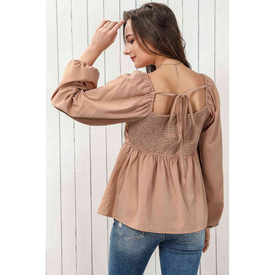 Double Take Tie Back Smocked Long Sleeve Babydoll Blouse Tan / S Apparel and Accessories