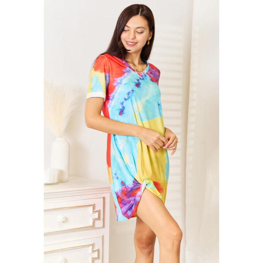 Double Take Tie-Dye V-Neck Twisted Dress Apparel and Accessories