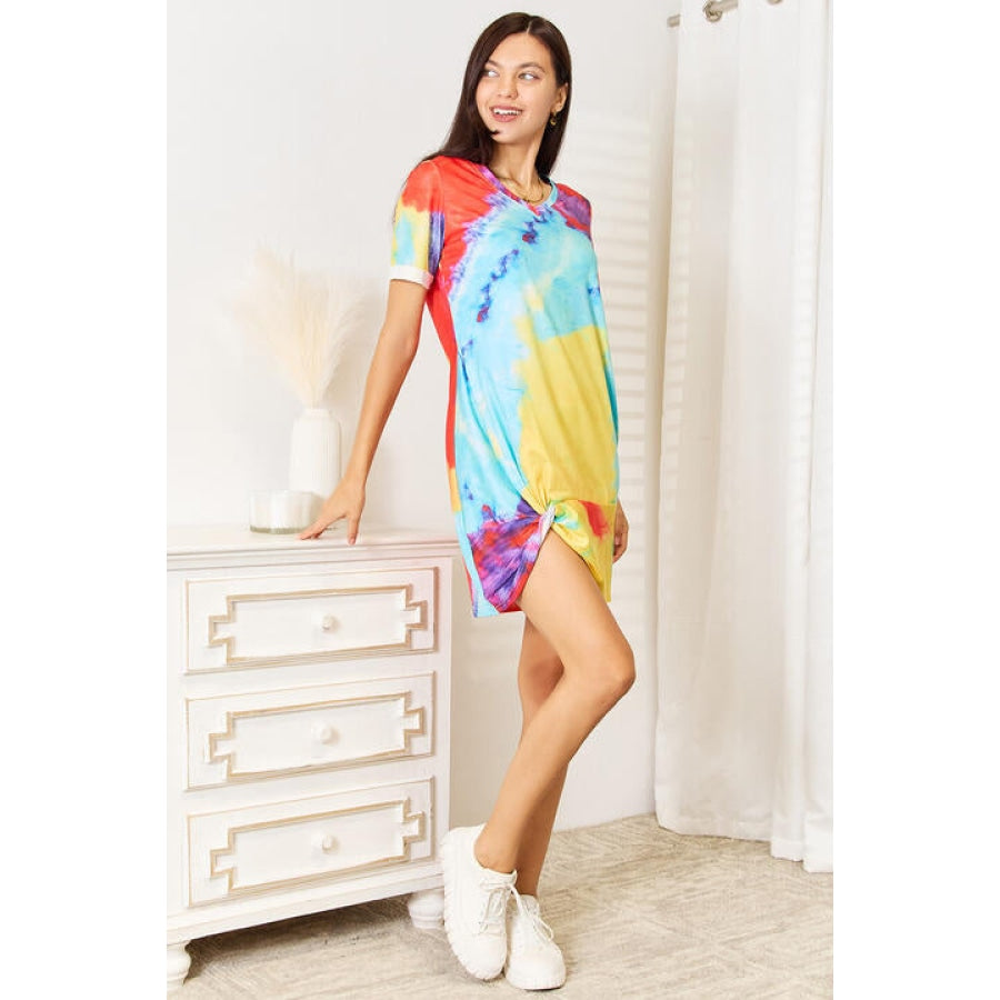 Double Take Tie-Dye V-Neck Twisted Dress Apparel and Accessories