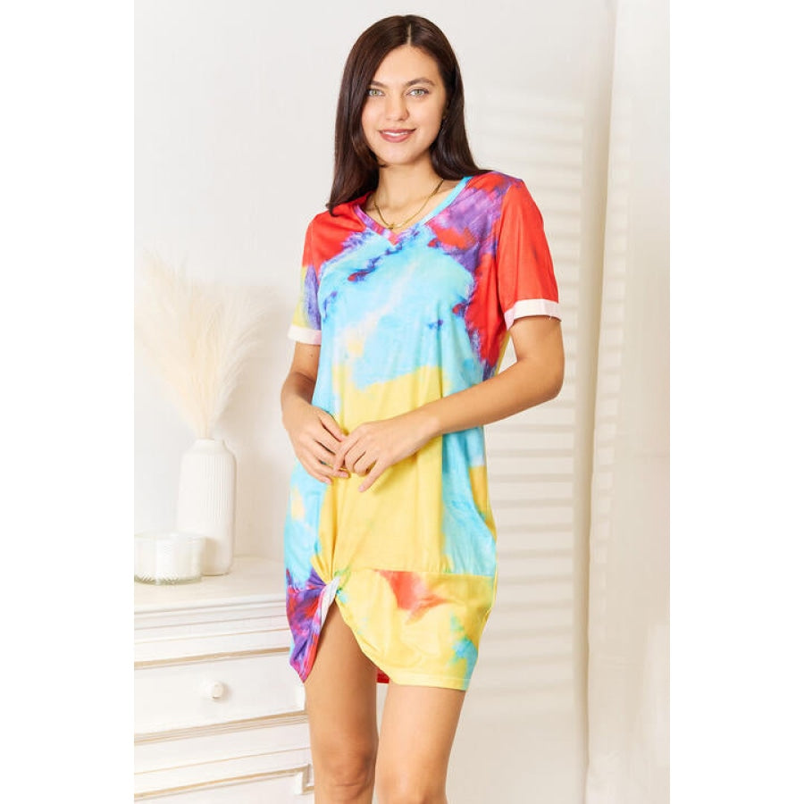 Double Take Tie-Dye V-Neck Twisted Dress Multicolor / S Apparel and Accessories