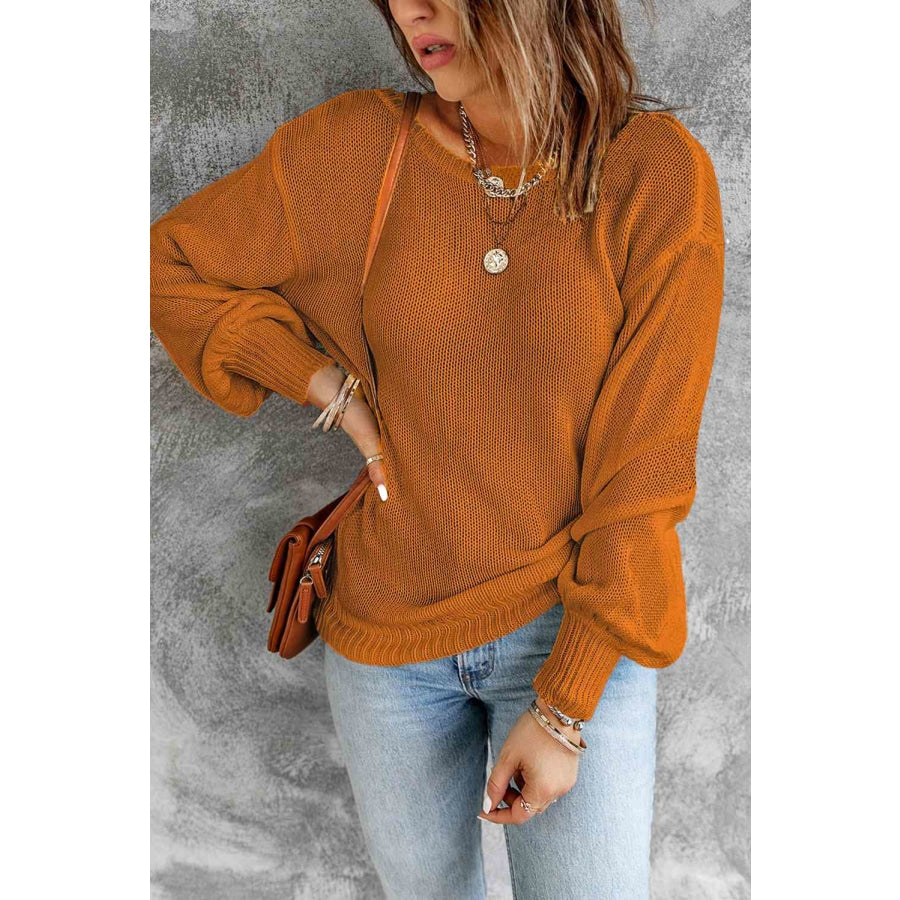 Double Take Tied Balloon Sleeve Round Neck Sweater Apparel and Accessories