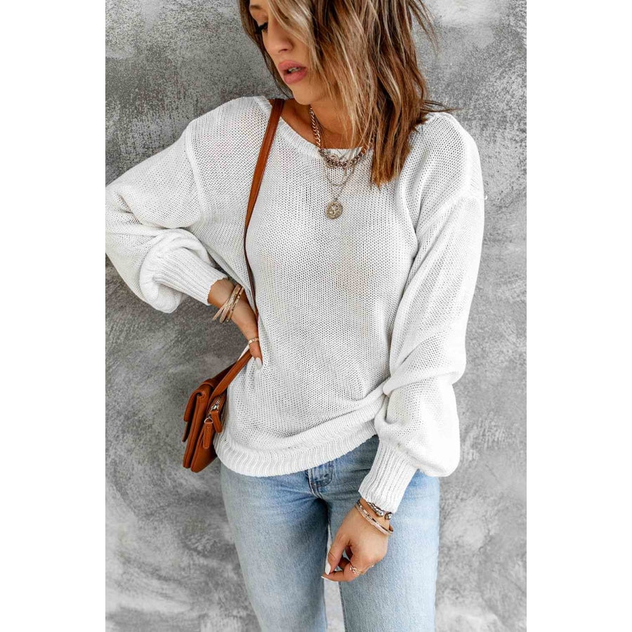 Double Take Tied Balloon Sleeve Round Neck Sweater Apparel and Accessories