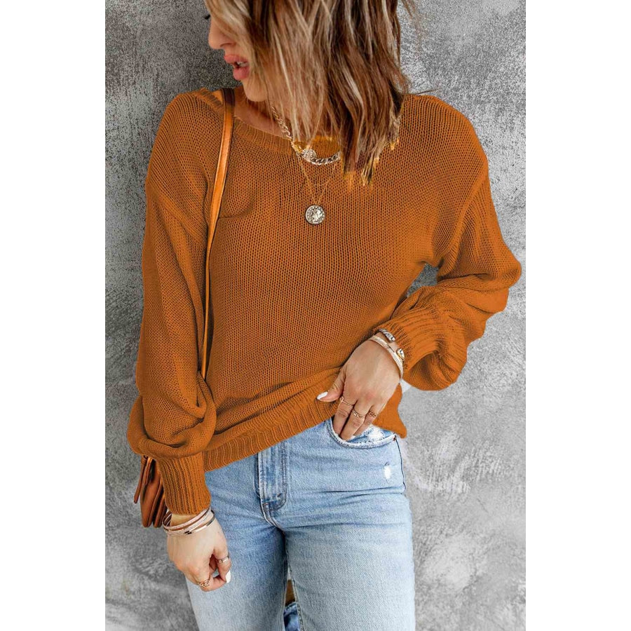 Double Take Tied Balloon Sleeve Round Neck Sweater Apparel and Accessories