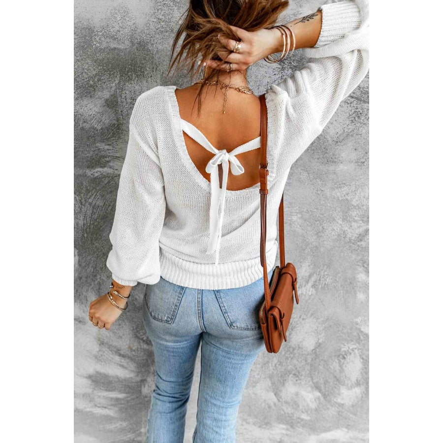 Double Take Tied Balloon Sleeve Round Neck Sweater Apparel and Accessories