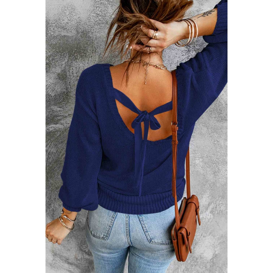 Double Take Tied Balloon Sleeve Round Neck Sweater Apparel and Accessories