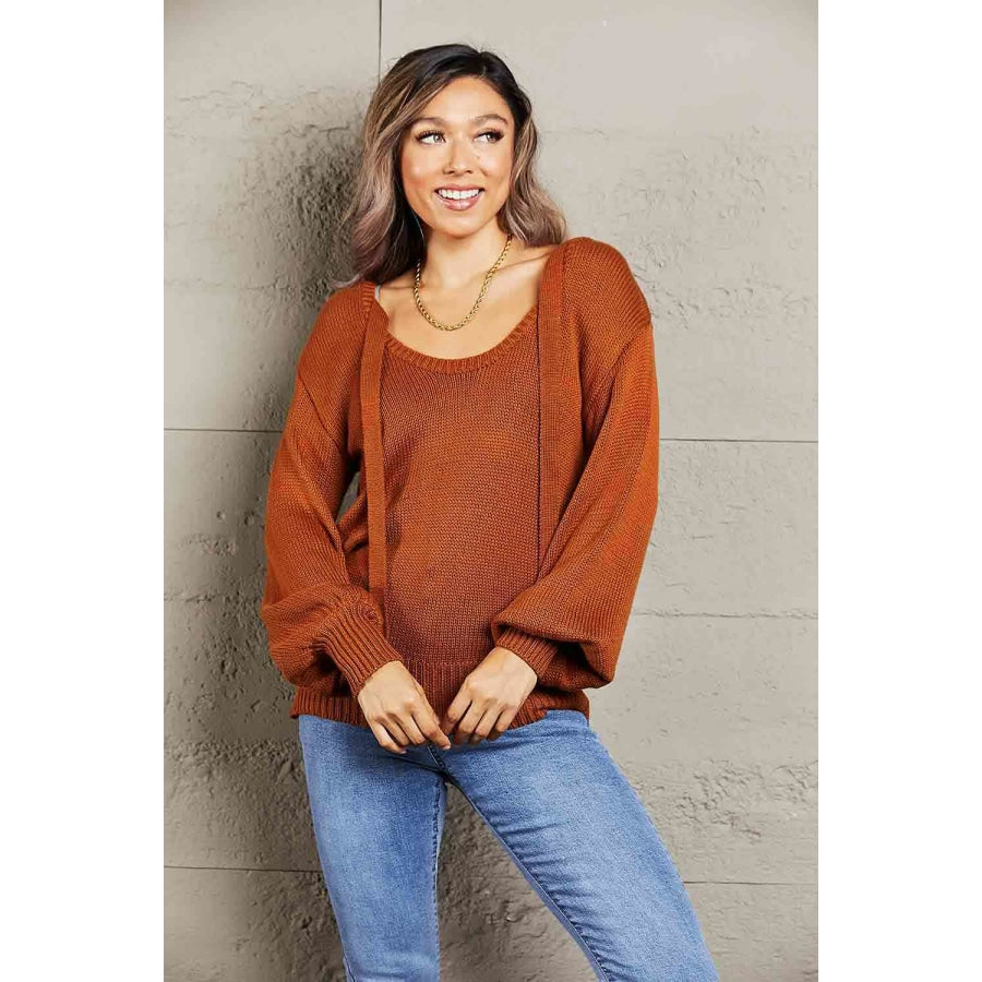 Double Take Tied Balloon Sleeve Round Neck Sweater Apparel and Accessories