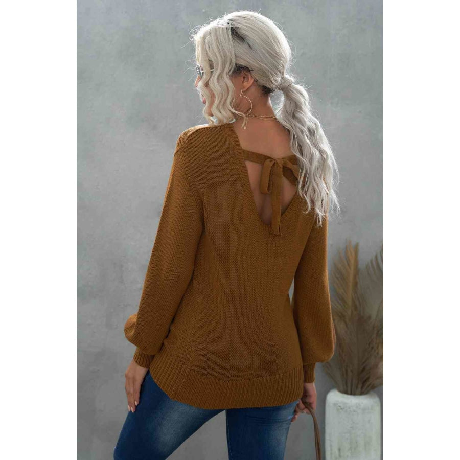 Double Take Tied Balloon Sleeve Round Neck Sweater Apparel and Accessories