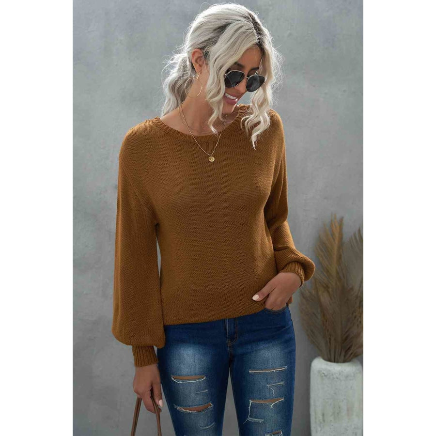 Double Take Tied Balloon Sleeve Round Neck Sweater Apparel and Accessories