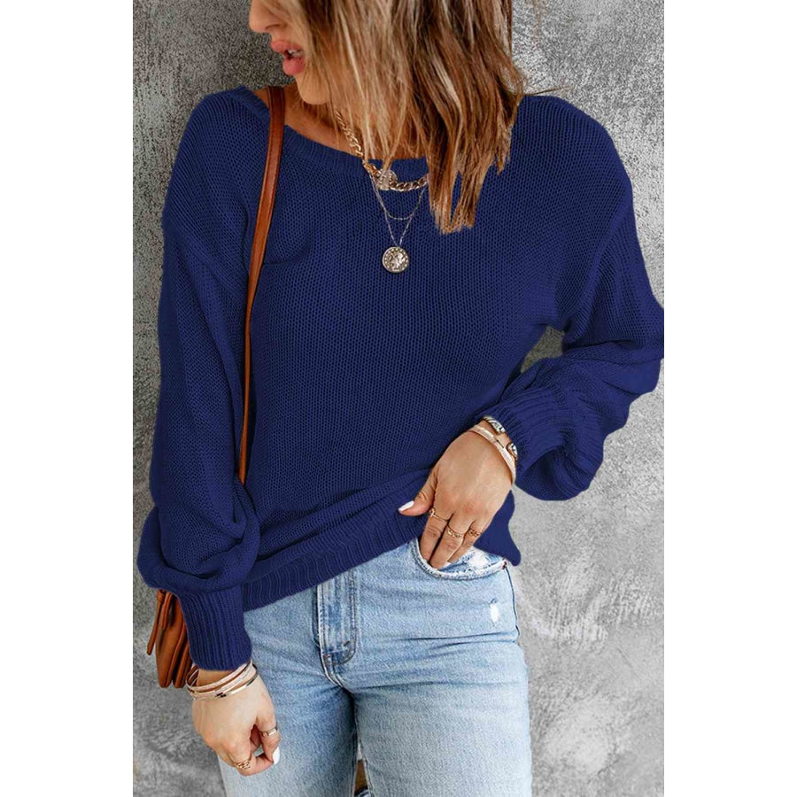 Double Take Tied Balloon Sleeve Round Neck Sweater Blue / S Apparel and Accessories