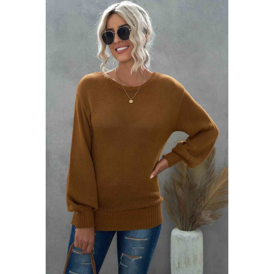 Double Take Tied Balloon Sleeve Round Neck Sweater Brown / S Apparel and Accessories
