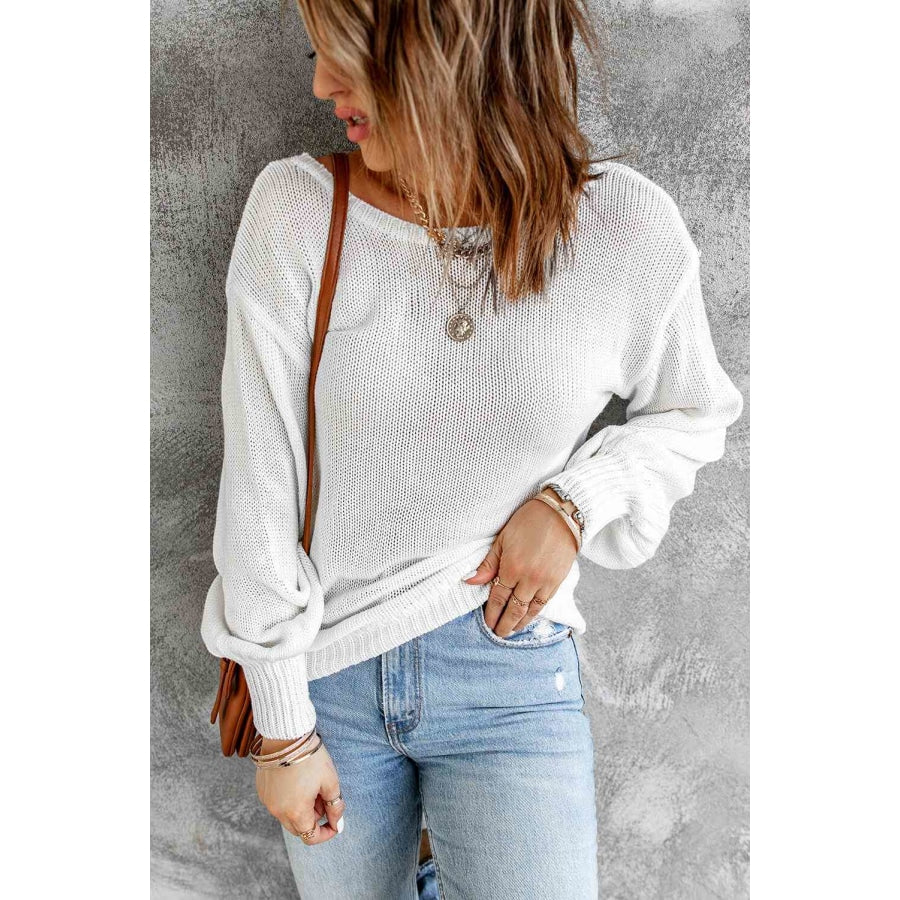 Double Take Tied Balloon Sleeve Round Neck Sweater White / S Apparel and Accessories