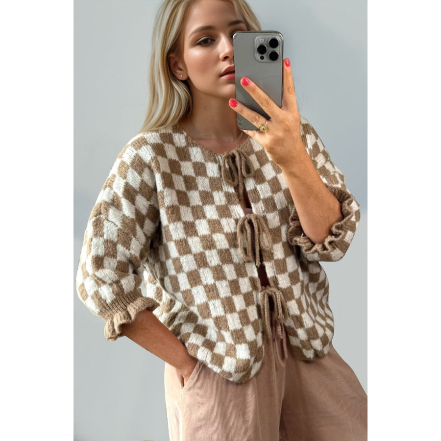 Double Take Tied Checkered Dropped Shoulder Flounce Sleeve Cardigan Apparel and Accessories