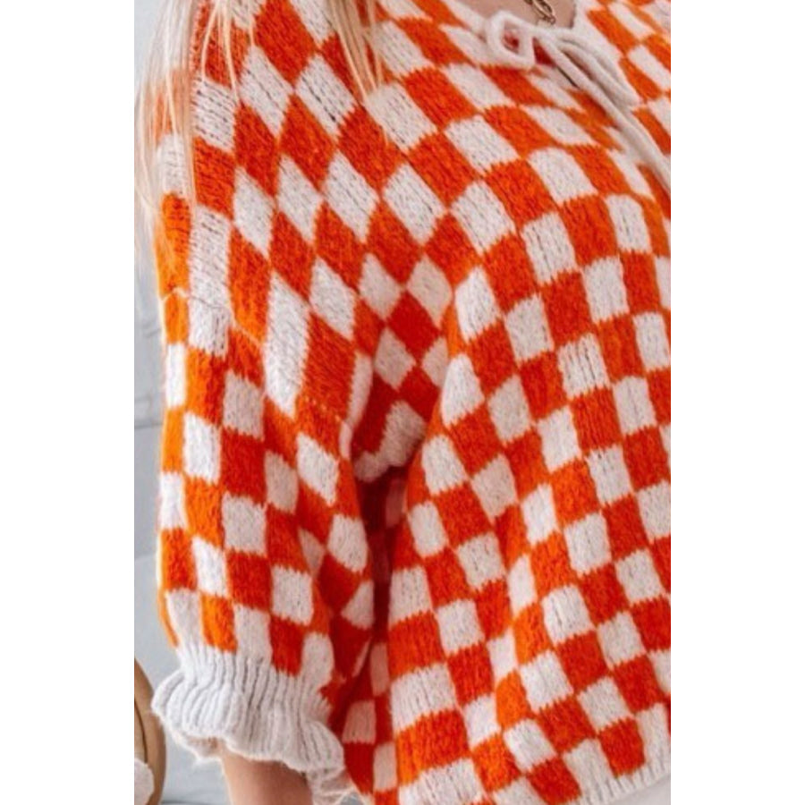 Double Take Tied Checkered Dropped Shoulder Flounce Sleeve Cardigan Apparel and Accessories