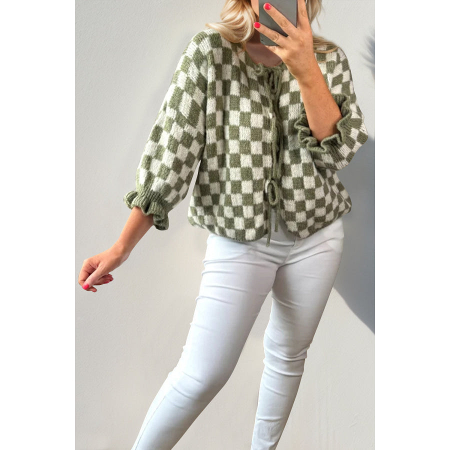 Double Take Tied Checkered Dropped Shoulder Flounce Sleeve Cardigan Apparel and Accessories