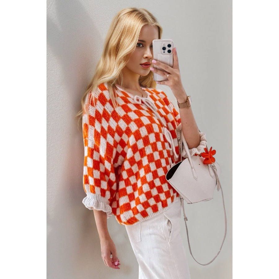 Double Take Tied Checkered Dropped Shoulder Flounce Sleeve Cardigan Apparel and Accessories