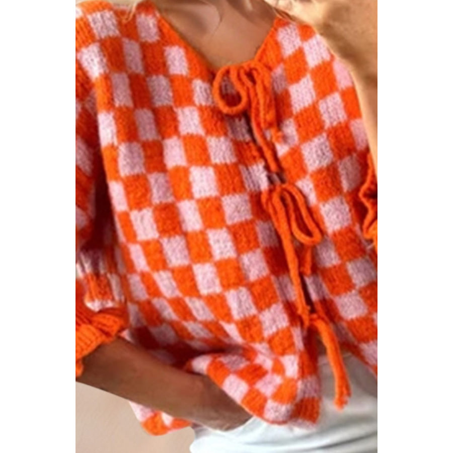 Double Take Tied Checkered Dropped Shoulder Flounce Sleeve Cardigan Apparel and Accessories