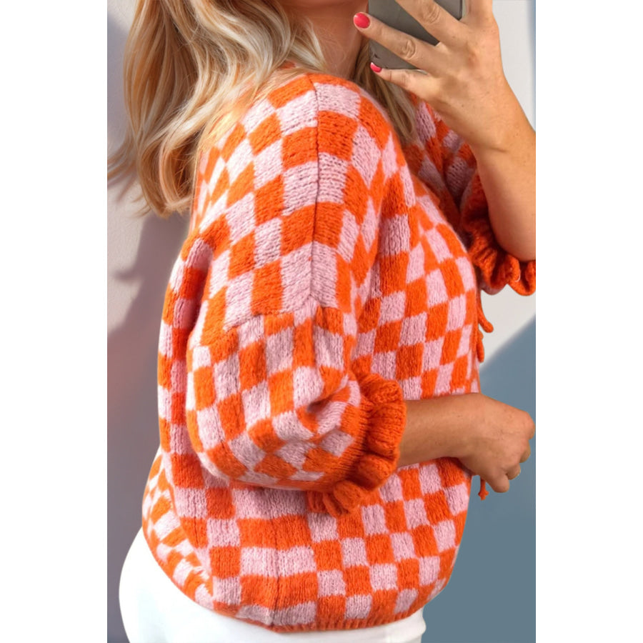 Double Take Tied Checkered Dropped Shoulder Flounce Sleeve Cardigan Apparel and Accessories