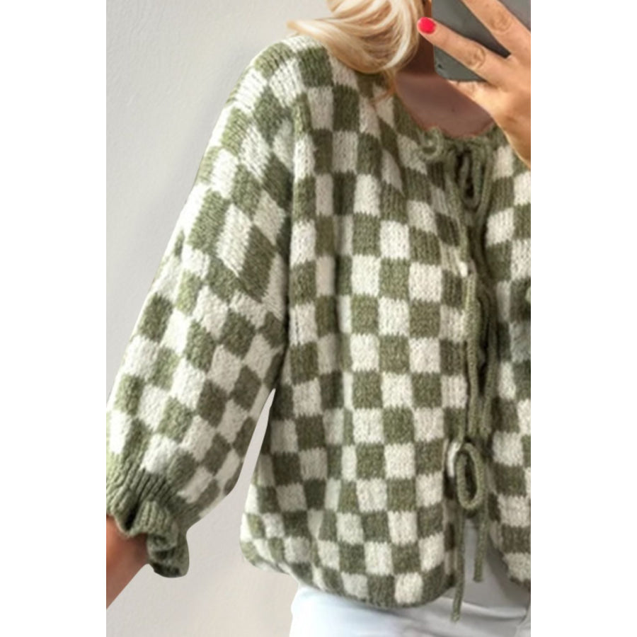 Double Take Tied Checkered Dropped Shoulder Flounce Sleeve Cardigan Apparel and Accessories