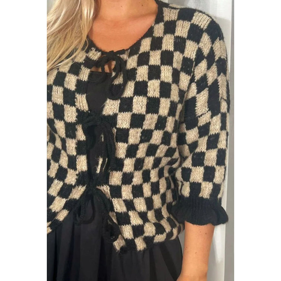 Double Take Tied Checkered Dropped Shoulder Flounce Sleeve Cardigan Apparel and Accessories