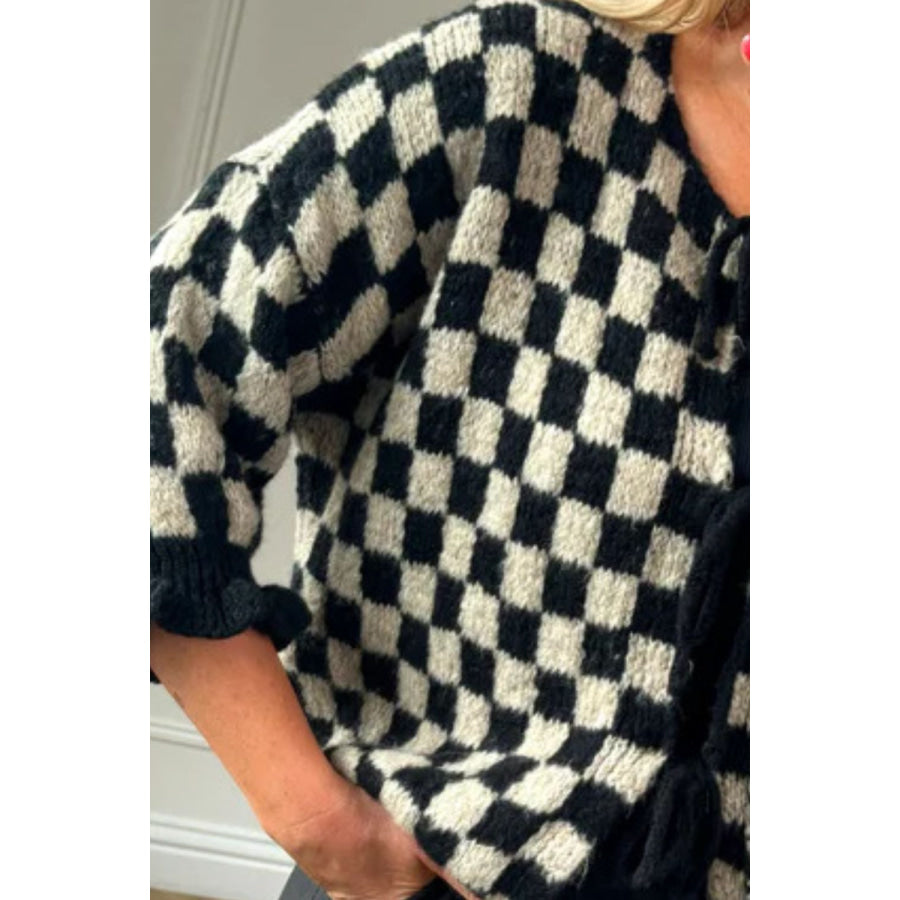 Double Take Tied Checkered Dropped Shoulder Flounce Sleeve Cardigan Apparel and Accessories