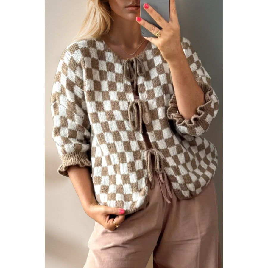 Double Take Tied Checkered Dropped Shoulder Flounce Sleeve Cardigan Apparel and Accessories