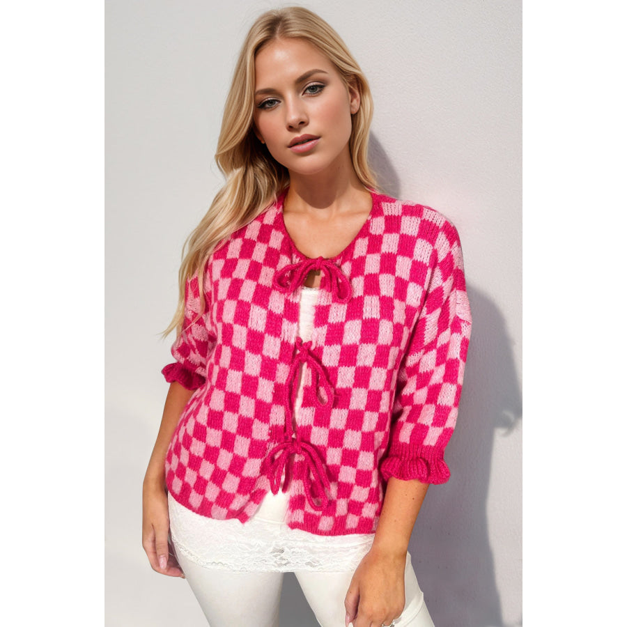 Double Take Tied Checkered Dropped Shoulder Flounce Sleeve Cardigan Apparel and Accessories