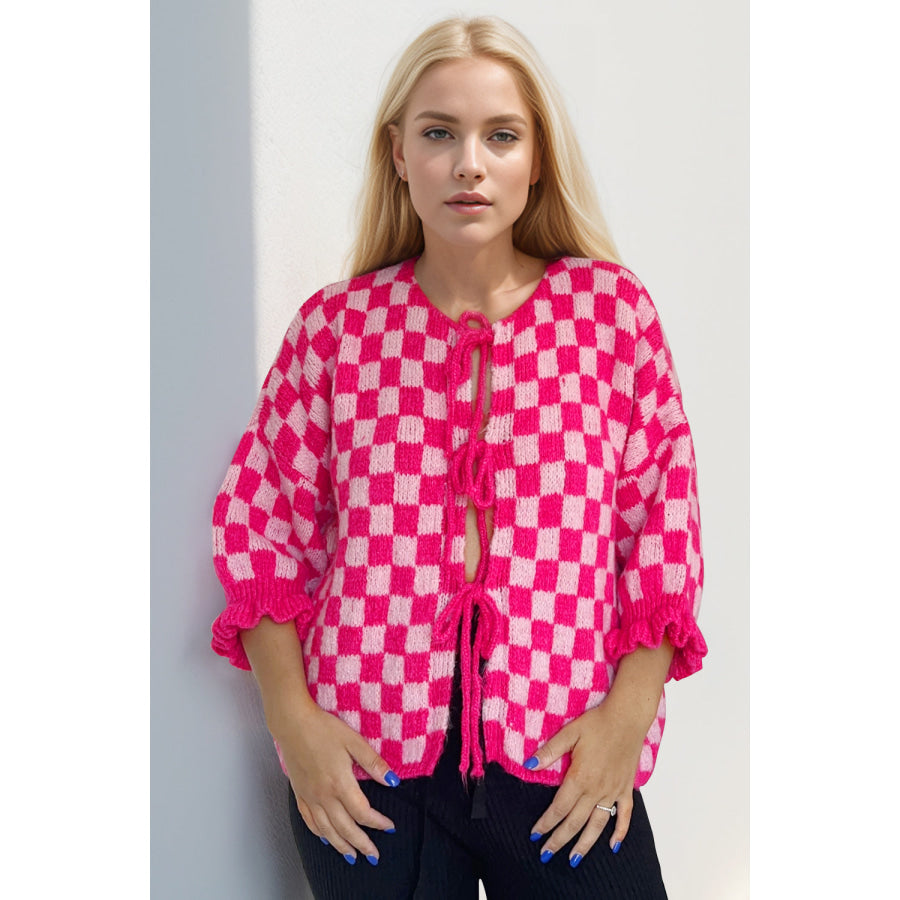 Double Take Tied Checkered Dropped Shoulder Flounce Sleeve Cardigan Apparel and Accessories