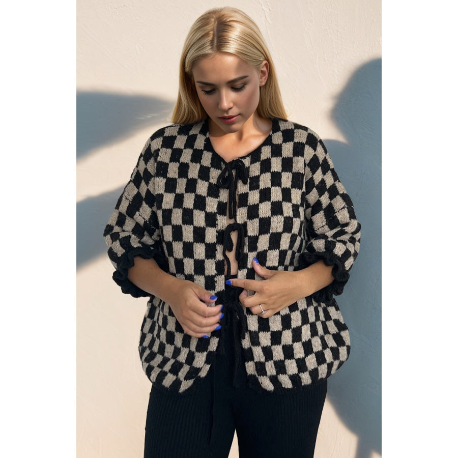 Double Take Tied Checkered Dropped Shoulder Flounce Sleeve Cardigan Black / S Apparel and Accessories