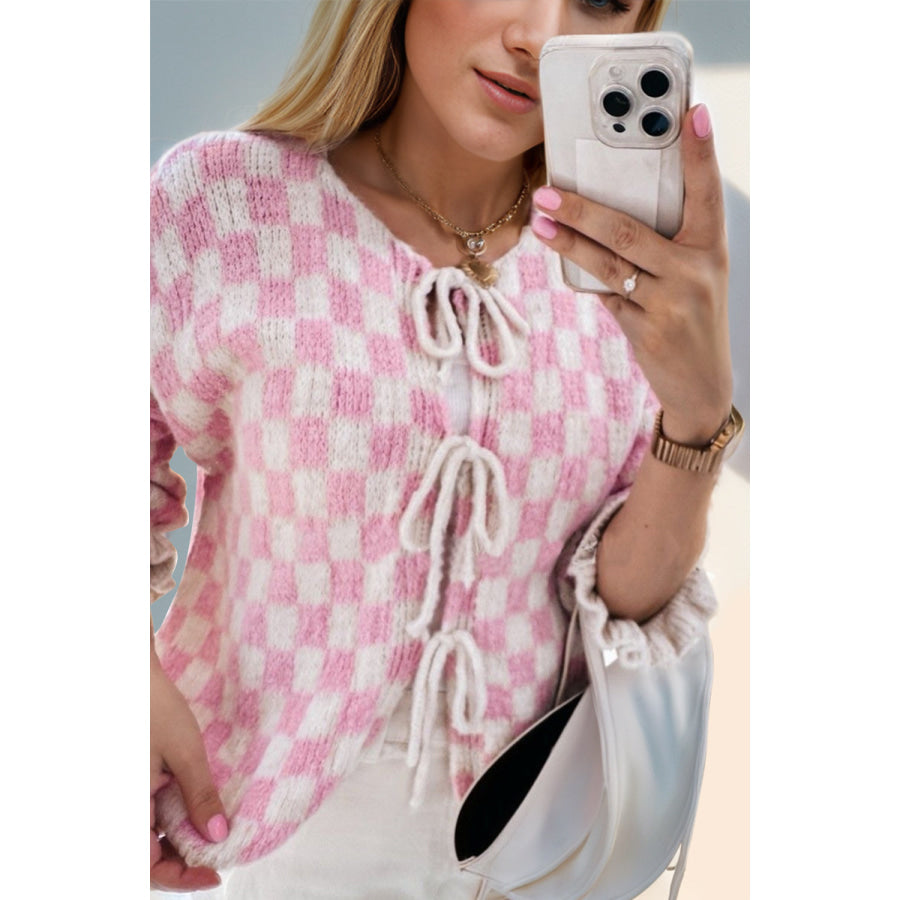 Double Take Tied Checkered Dropped Shoulder Flounce Sleeve Cardigan Blush Pink / S Apparel and Accessories