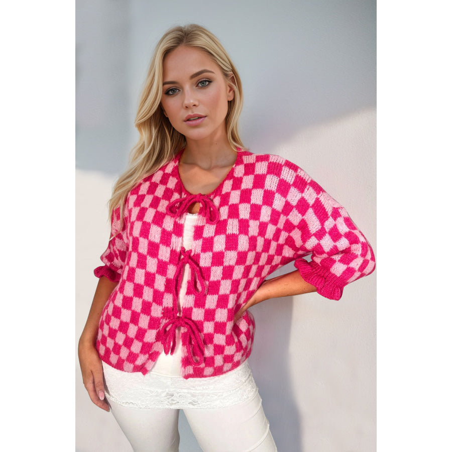 Double Take Tied Checkered Dropped Shoulder Flounce Sleeve Cardigan Hot Pink / S Apparel and Accessories