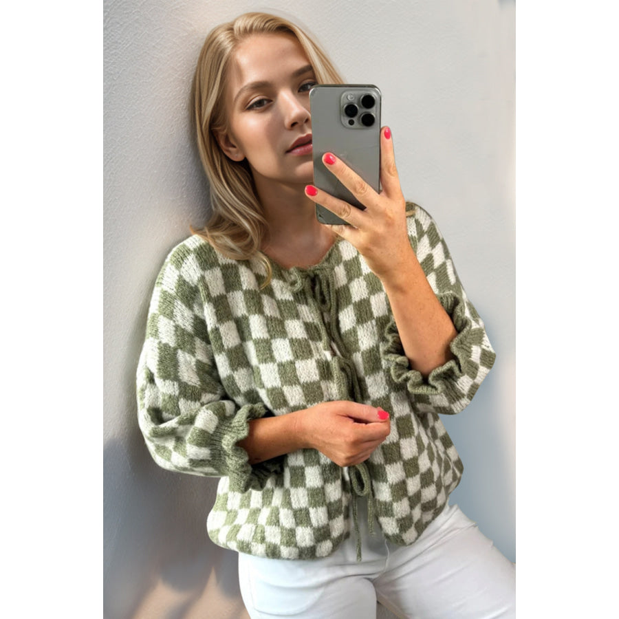 Double Take Tied Checkered Dropped Shoulder Flounce Sleeve Cardigan Matcha Green / S Apparel and Accessories