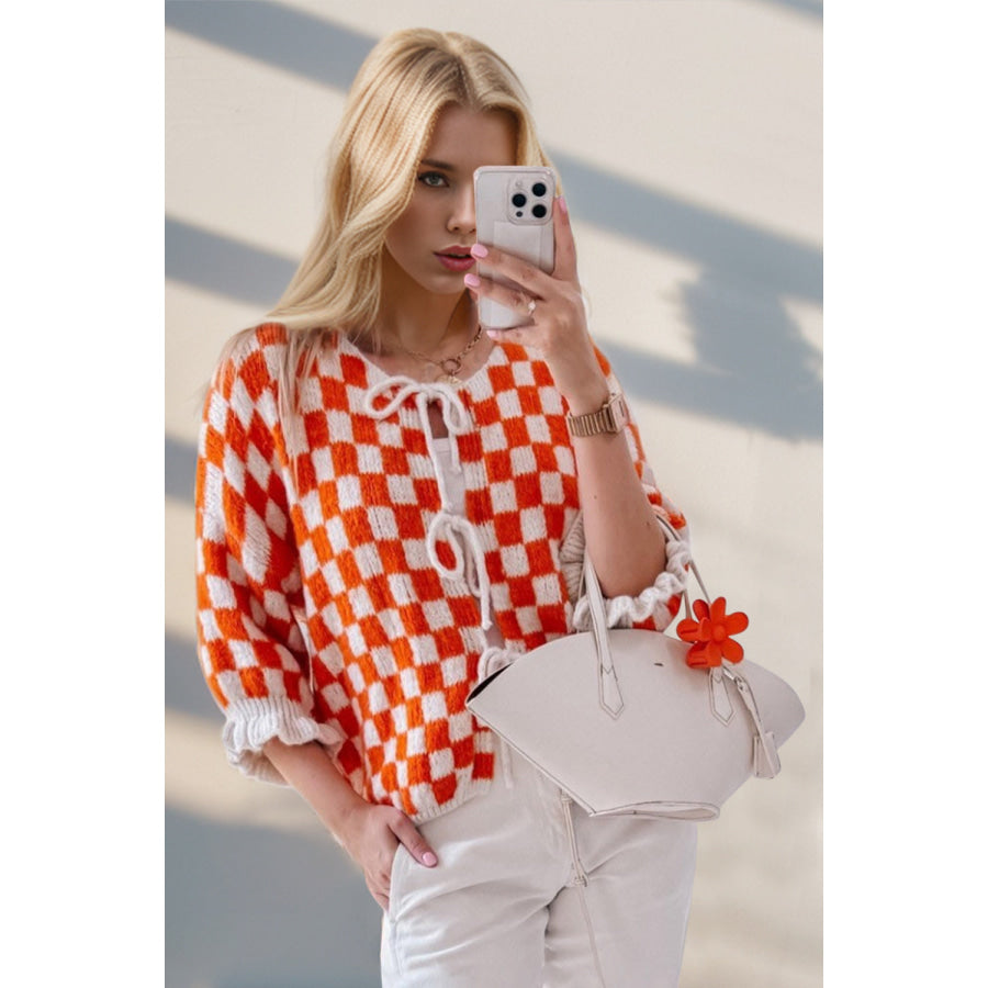 Double Take Tied Checkered Dropped Shoulder Flounce Sleeve Cardigan Orange-Red / S Apparel and Accessories