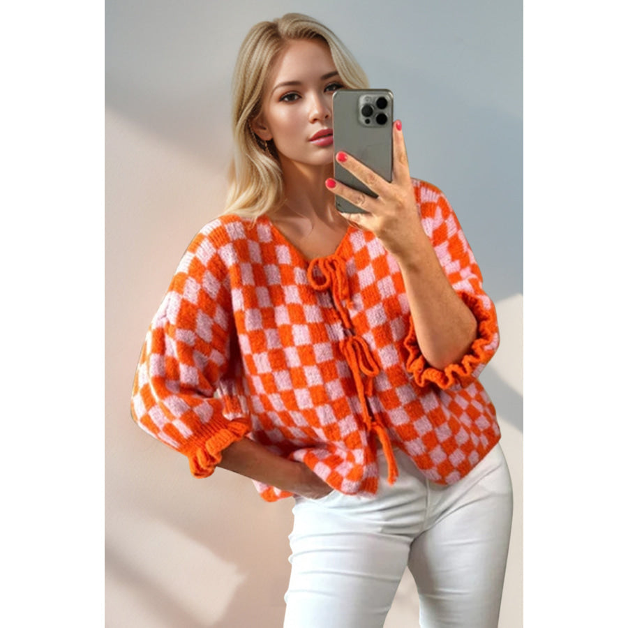 Double Take Tied Checkered Dropped Shoulder Flounce Sleeve Cardigan Orange / S Apparel and Accessories