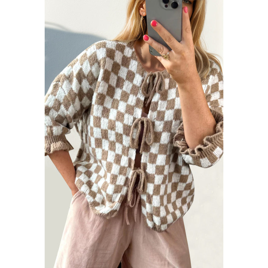 Double Take Tied Checkered Dropped Shoulder Flounce Sleeve Cardigan Taupe / S Apparel and Accessories