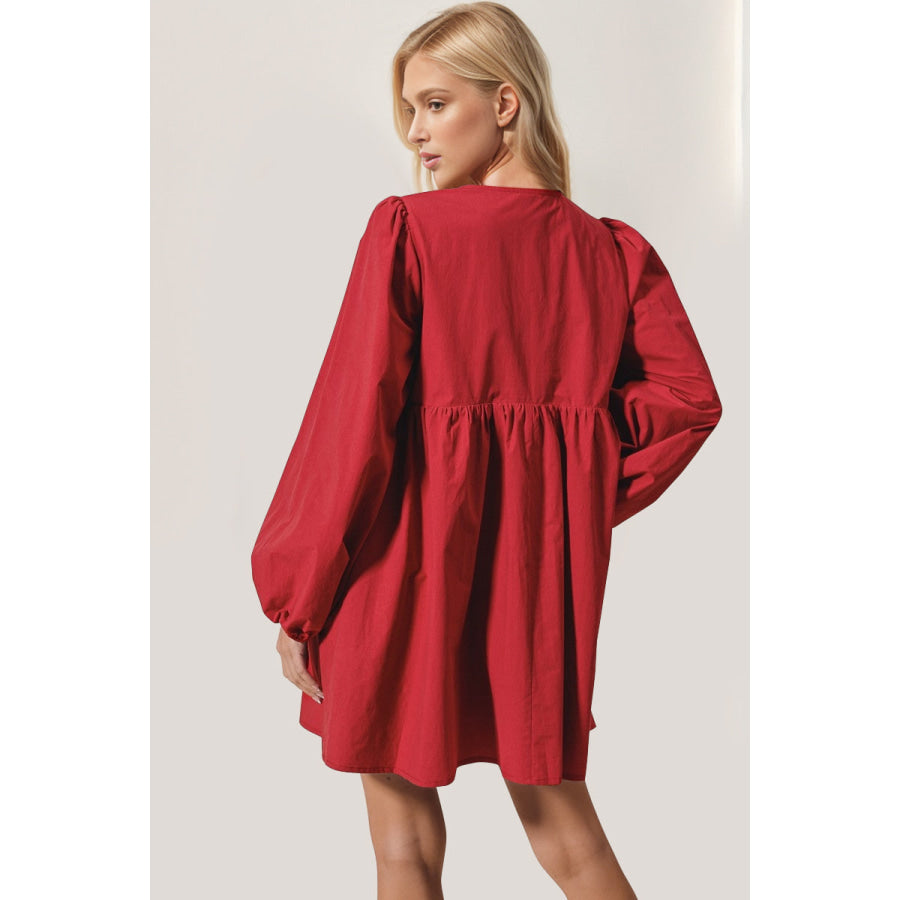 Double Take Tied Long Sleeve Mini Dress Apparel and Accessories