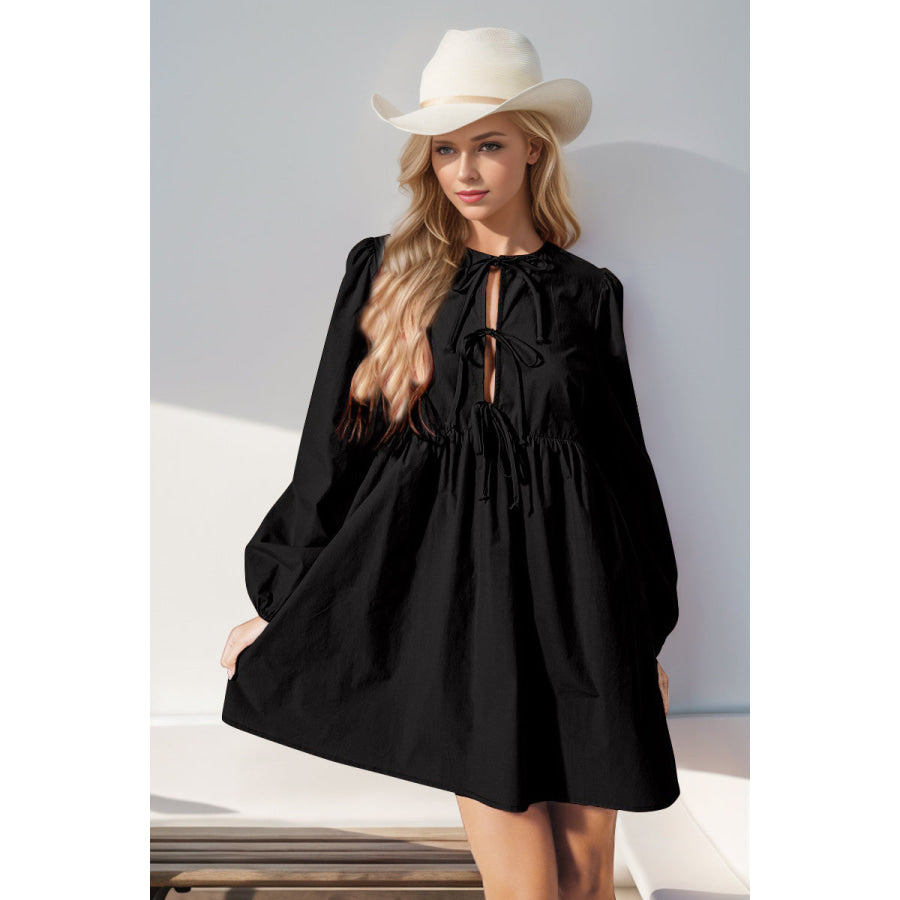 Double Take Tied Long Sleeve Mini Dress Black / 2XL Apparel and Accessories