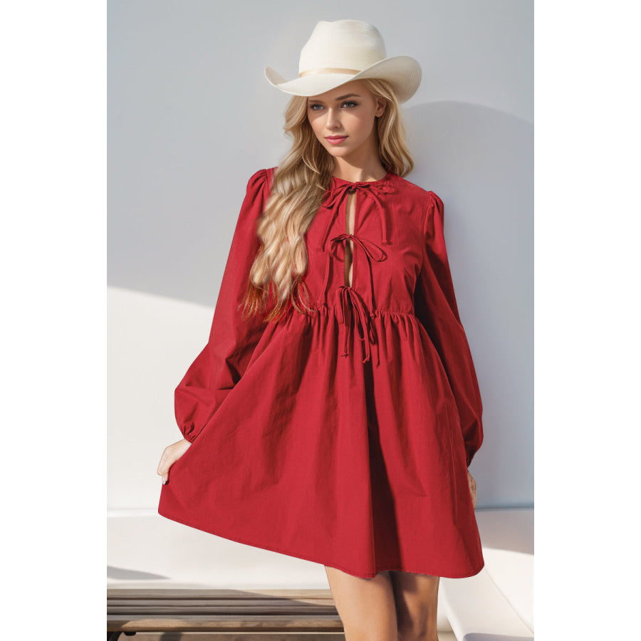 Double Take Tied Long Sleeve Mini Dress Red / S Apparel and Accessories