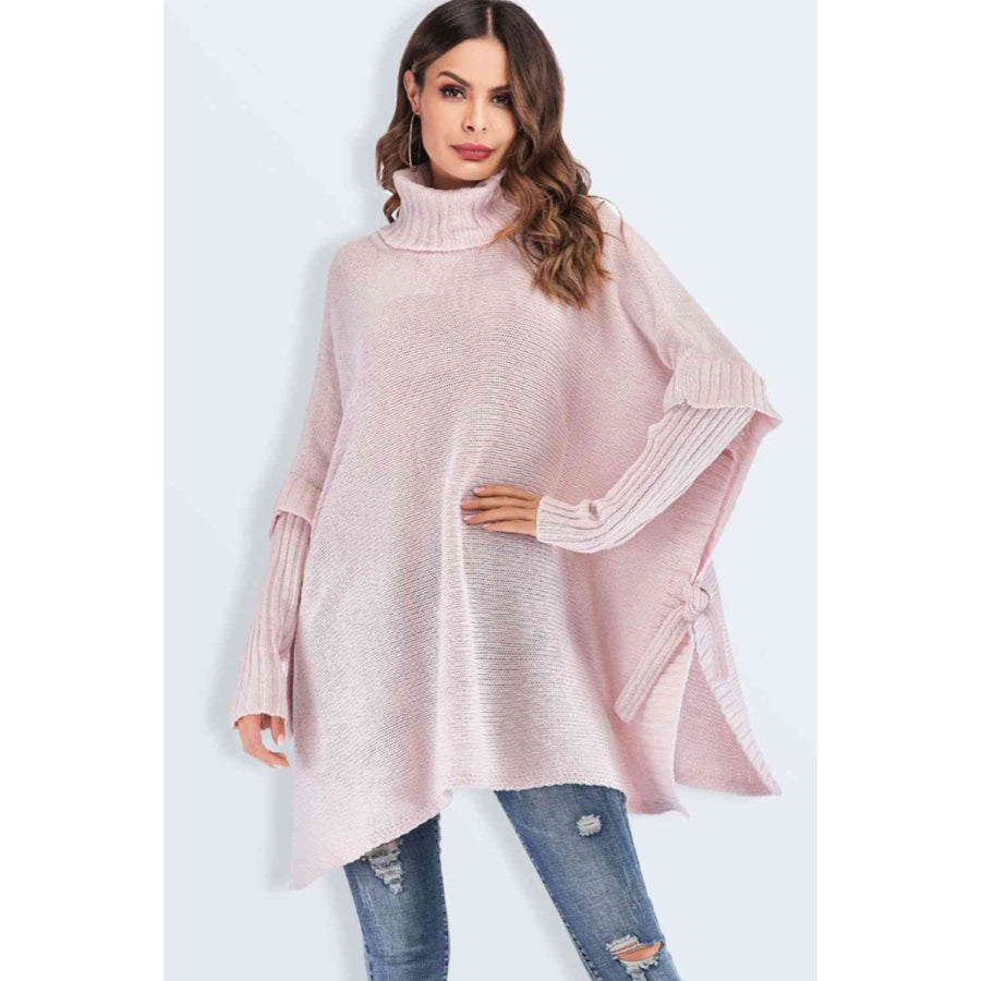 Double Take Tied Turtleneck Asymmetrical Hem Sweater Pink / S - M Poncho