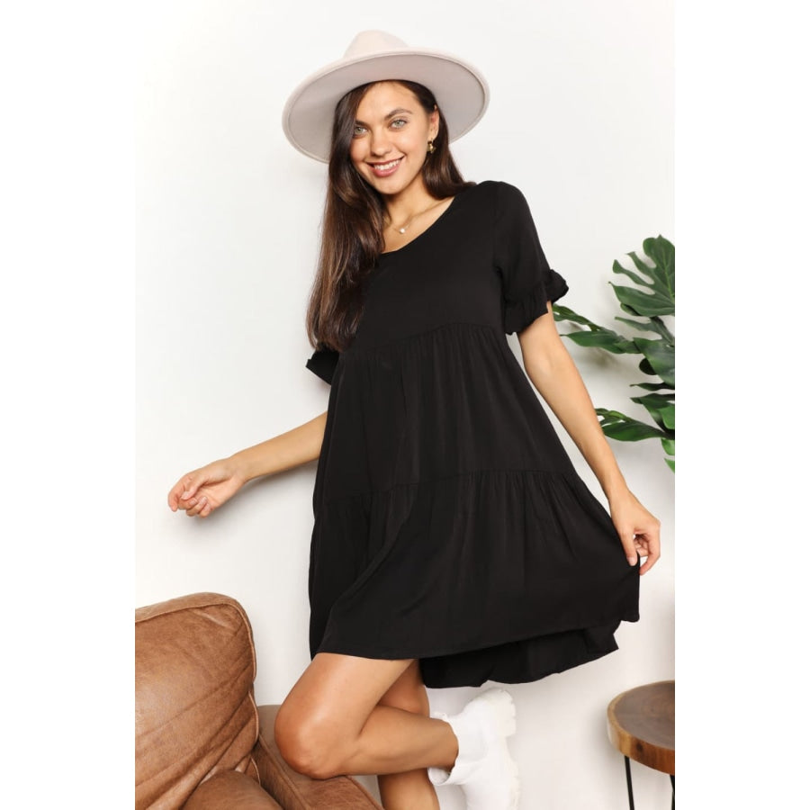 Double Take V-Neck Flounce Sleeve Tiered Dress Black / S