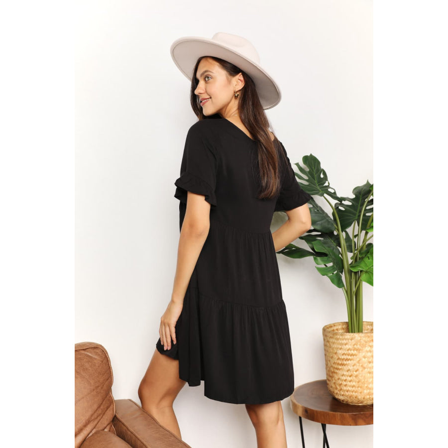 Double Take V-Neck Flounce Sleeve Tiered Dress Black / S